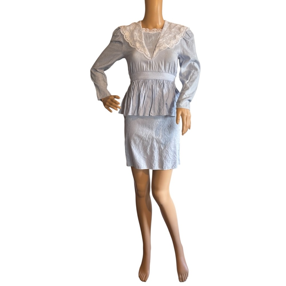 Gunne Sax Mini Blue Dress Women Size 8 (2) Peplum Waist White Lace Vintage